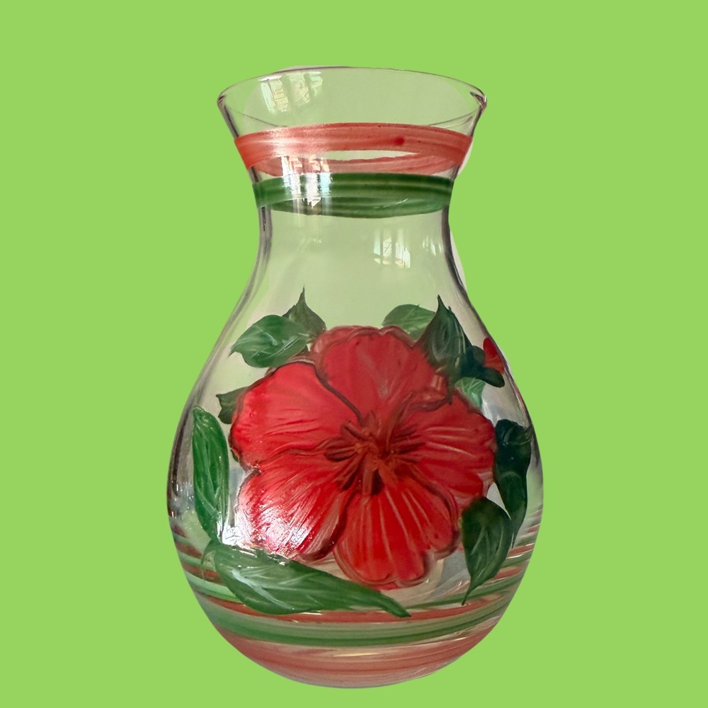 Hand Painted 4 inch Glass Vase Floral Tropical Hibiscus Design NWT